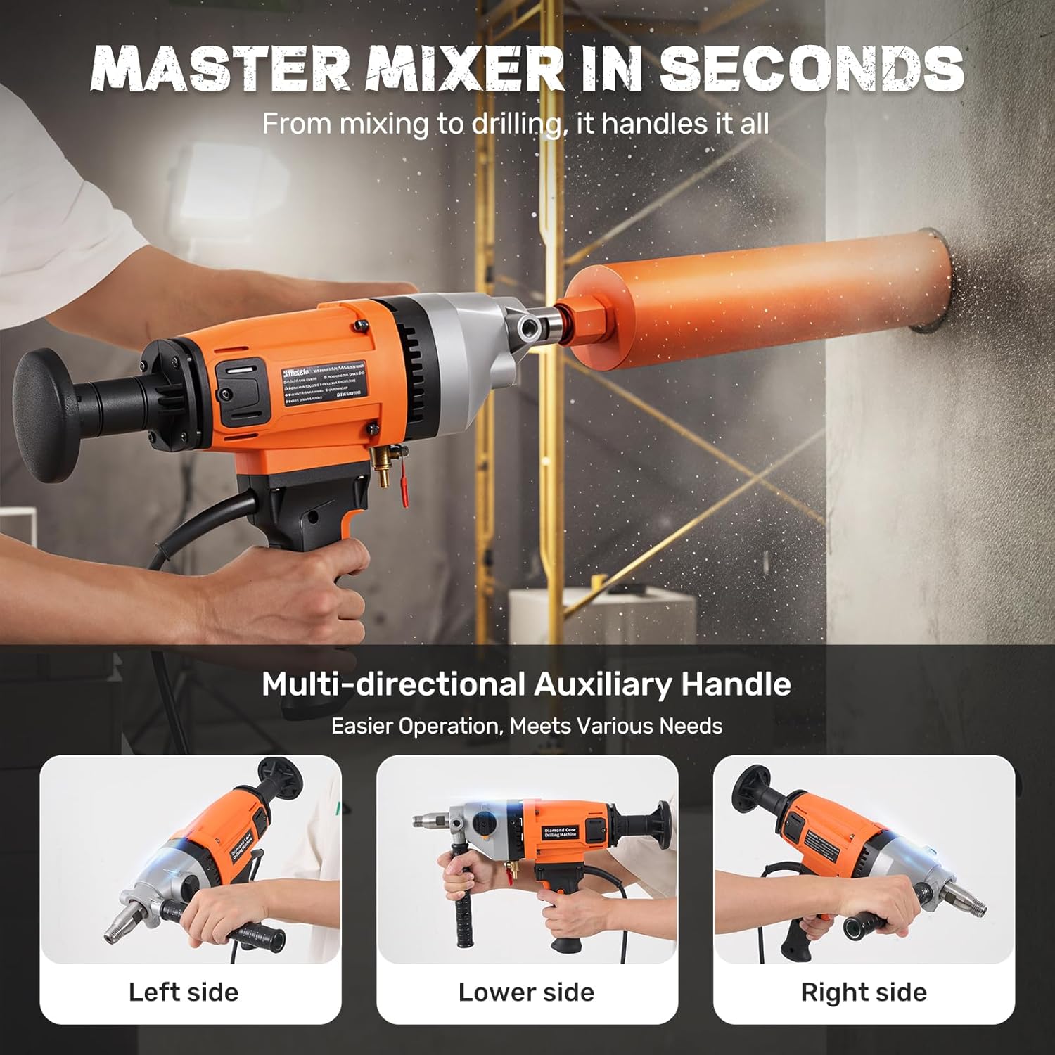 4 inch Diamond Core Drill Machine, 1500W Handheld Concrete Core Drill Rig, 2-Speed Wet/Dry Drilling, 1350/2350RPM, 1-1/4" Thread, for Brick, Block, Stone, Reinforced Concrete