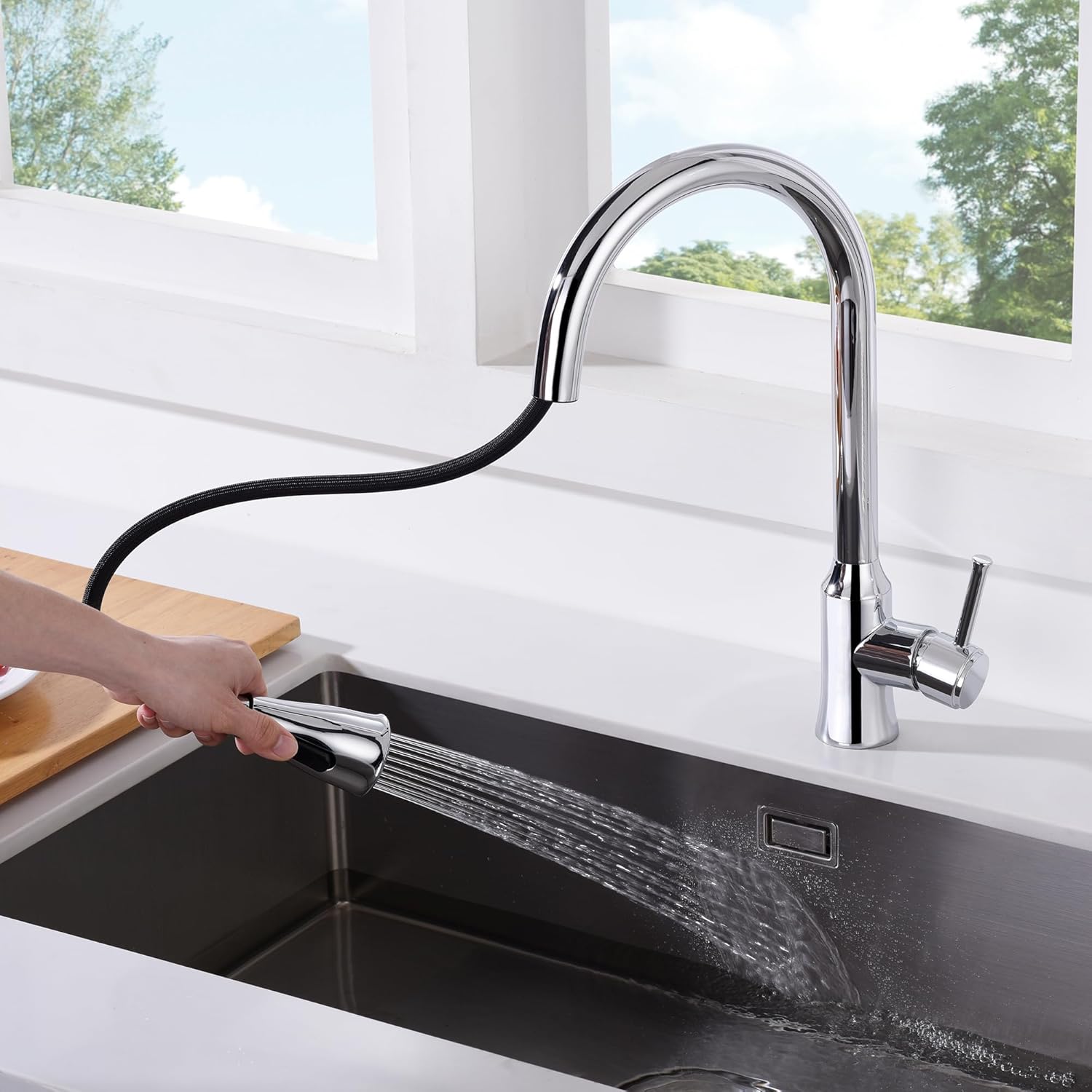 SUMERAIN Modern Lead-Free High Arc Kitchen Sink Faucet with Pull-Down Sprayer Dual Mode, Chrome Finish