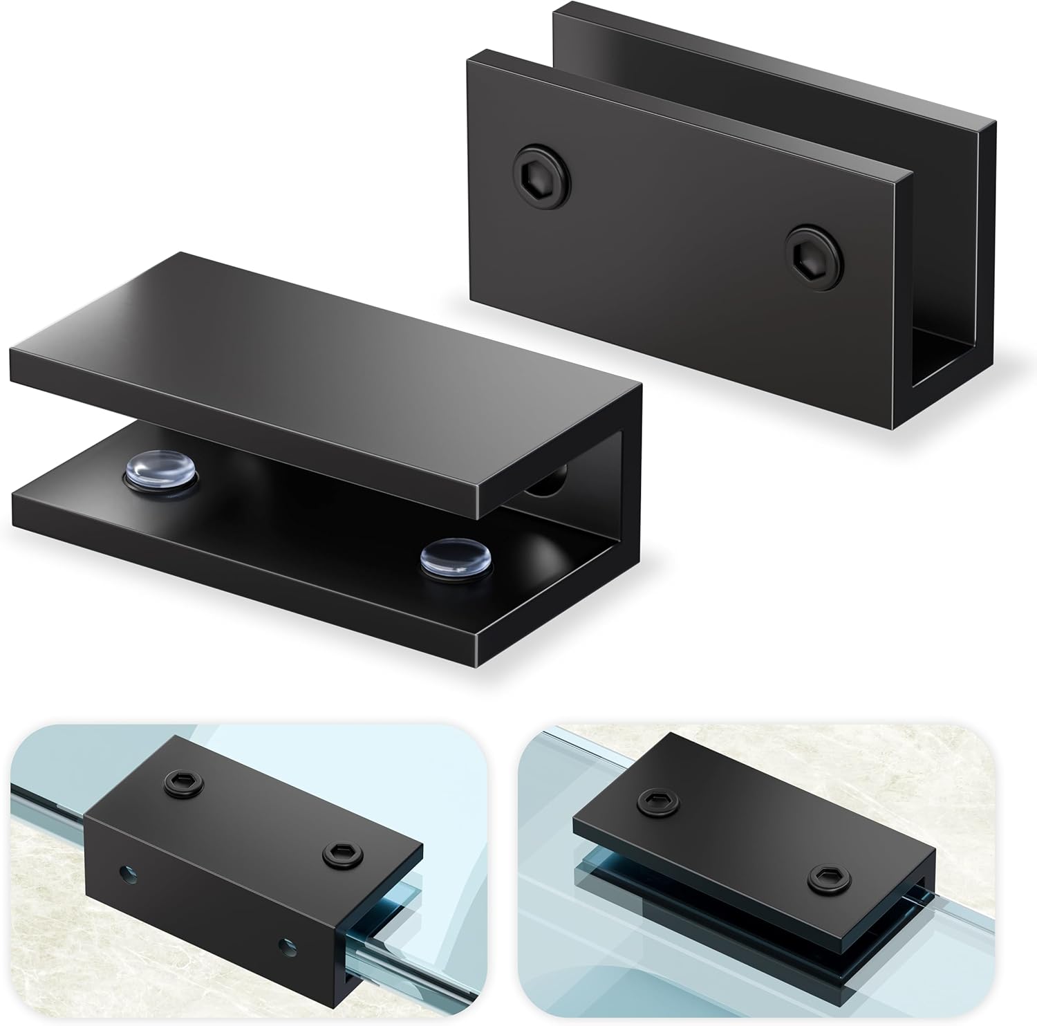 Ranbo 2 Pcs Solid Brass Glass Shelf Brackets, Heavy Duty 4mm Thick Design，for 1/4" to 1/2" Frameless Glass Panels, Wall Mount Support Clips for Shower and Shelves, Matte Black