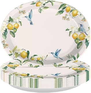50 Pcs Lemon Birds Oval Paper Plates 10" x 12" Large Heavy Duty Disposable Citrus Decorative Vintage Lemon Tree Plates Blue Bird Flower Platters for Wedding Birthday Party Baby Shower Supplies