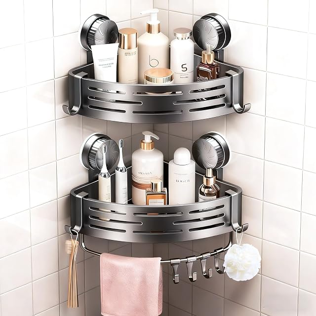 oycckko 2Pcs Corner Shower Shelves Caddy Suction Cup Shampoo Holder Bathroom Organizer Shower Storage with Towel Bar Hooks