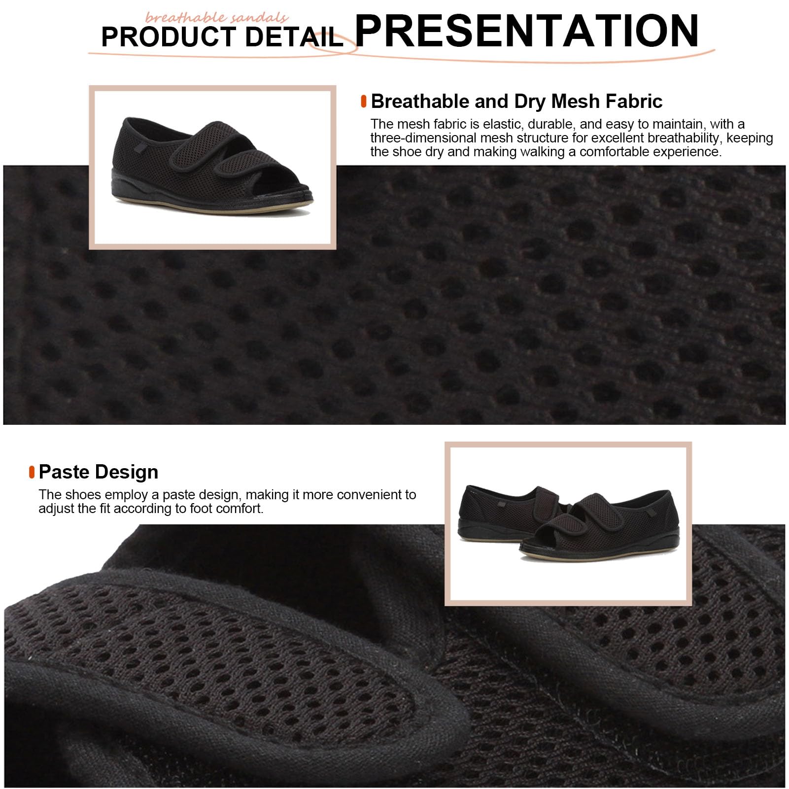 Zapatos Diabéticos para Mujeres Zapatillas Pies Diabéticos para Mujer Ajustable Zapatos Ortopédicos Anchos Especiales para Pies Hinchados Antideslizante Zapatillas Planas Black 38