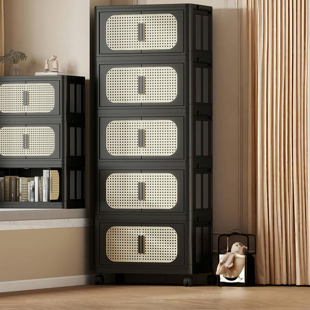 Stackable Storage Bins with Lids and Wheels, 156Qt Collapsible Plastic Organizer Boxes with Magnetic Front Doors, Anti-Tipping Design, Foldable Closet Storage Containers for Home, Office, Dorm