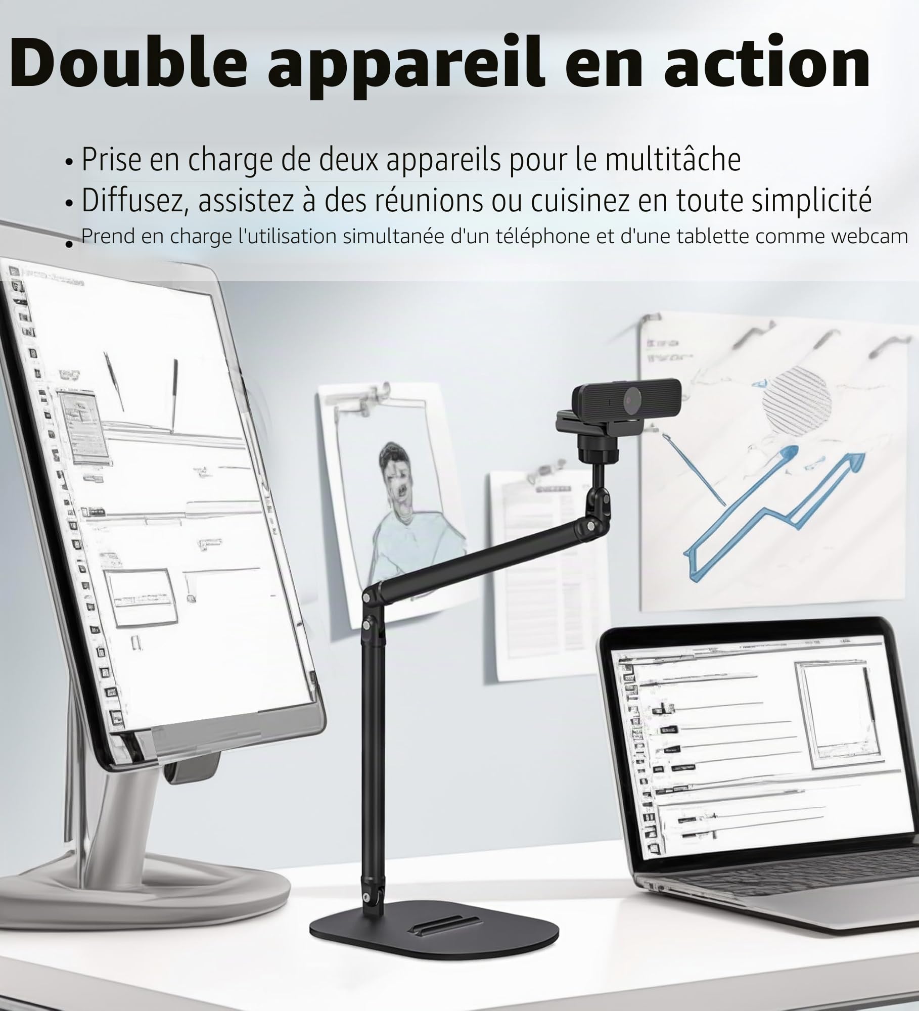 Support réglable pour webcam et téléphone – Double support pour téléphone et tablette, bureau robuste, hauteur et angle flexibles, construction en aluminium durable