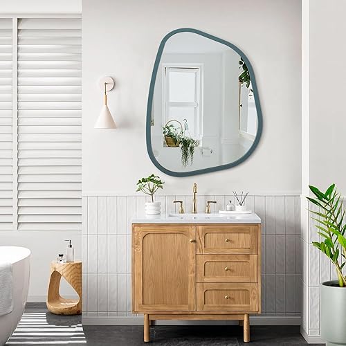 Miniatura 106 de Espejo de pared irregular de 26 x 18 pulgadas, espejo de baño grande asimétrico con marco de madera, espejos decorativos artísticos modernos