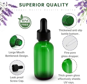 6Pcs 1 oz Green Dropper Bottle 30ml, Tincture Bottles with Glass Dropper, for Essential Oils, Aromatherapy, Cosmetic, Laboratory, Pharmacy, Liquids, Travel (6)