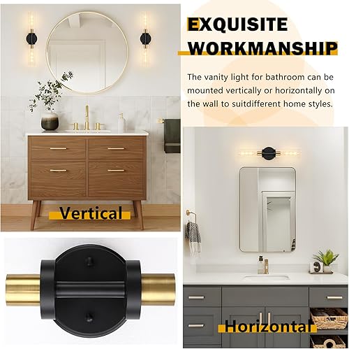 Miniatura 5 de Lámparas de baño de 2 luces sobre espejo, luces de tocador negras y doradas para baño, apliques modernos con vidrio transparente para baño,