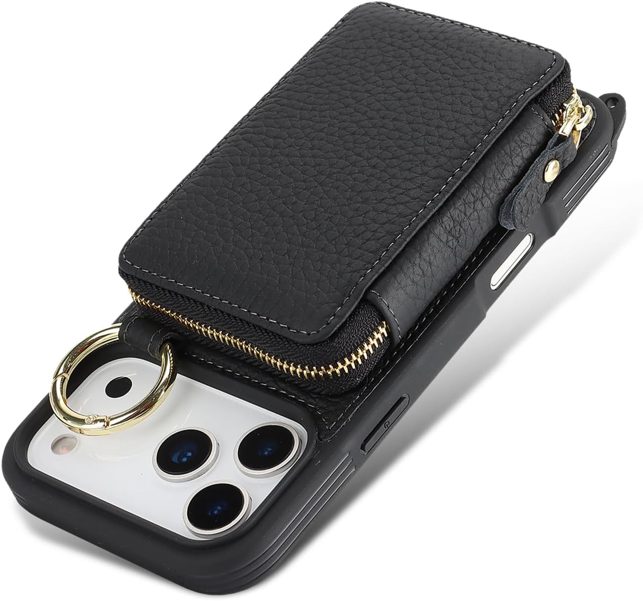 Cavor Genuine Leather for iPhone 17 Pro Wallet Case with Card Holder for Women Men,for iPhone 17 Pro Case with Strap, Crossbody Lanyard and Wristlet Zipper Phone Case-Black