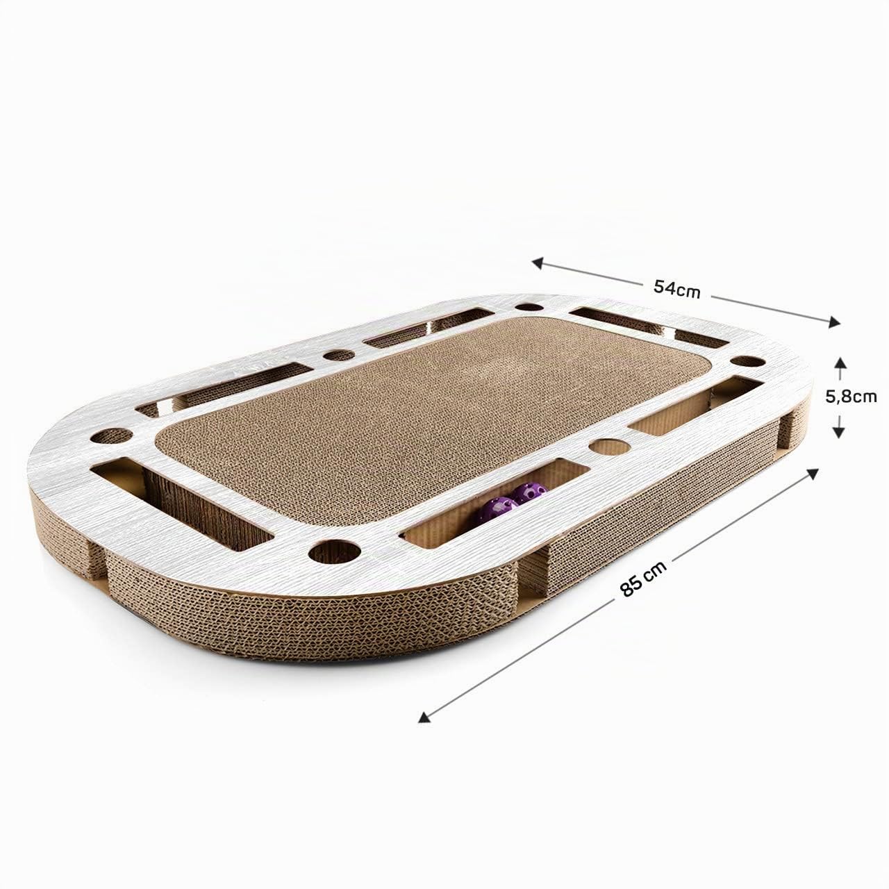 CanadianCat Company | XXL Katzenspielplatz 85 x 54 x 5,8 cm mit integrierter Kratzpappe Katzenspielzeug Kratzbrett in hellgrau gekalkter Holzoptik Kratzkarton