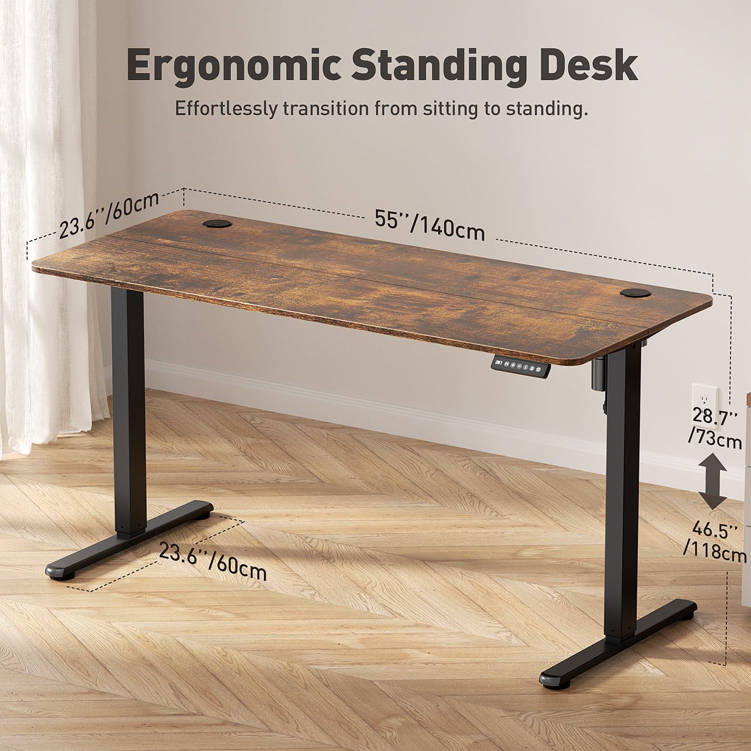 55" Electric Standing Desk Adjustable Height, Ergonomic Sit Stand Computer Desk for Home Office, Sturdy Motorized Workstation with Memory Controller & Timer, Brown