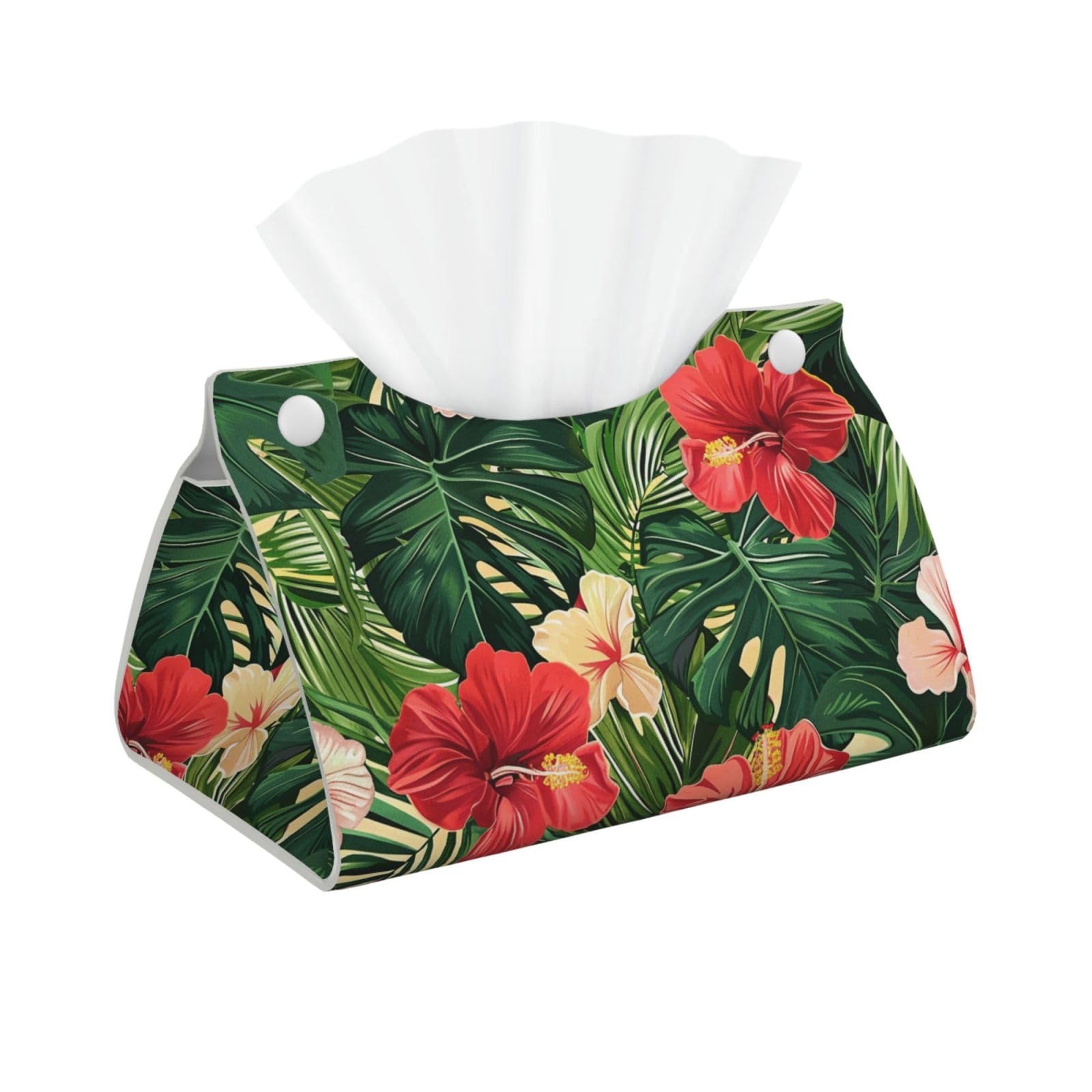 Vegetation Leaves with Hibiscus Flowers Print Tissue Box Cover Foldable Tissue Storage Box Leather Tissue Cube Box Holder for Living Room Bedroom Office Car Home Decor