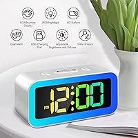 Vista 2 de Reloj despertador LED digital de luz nocturna colorida con alarma doble súper fuerte, modo de días laborables, repetición, atenuador, puerto