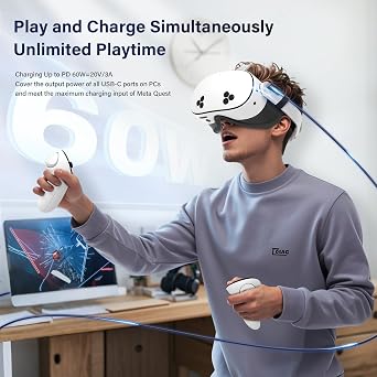 Fiber Optic Link Cable 16FT for Meta Quest 3S/Quest 3/Oculus Quest 2/Pro to PC VR, USB 3.1 Type C to C for Playing PC/Steam VR, High Speed Data Cable Without Frame Drops, with Charging from Computer