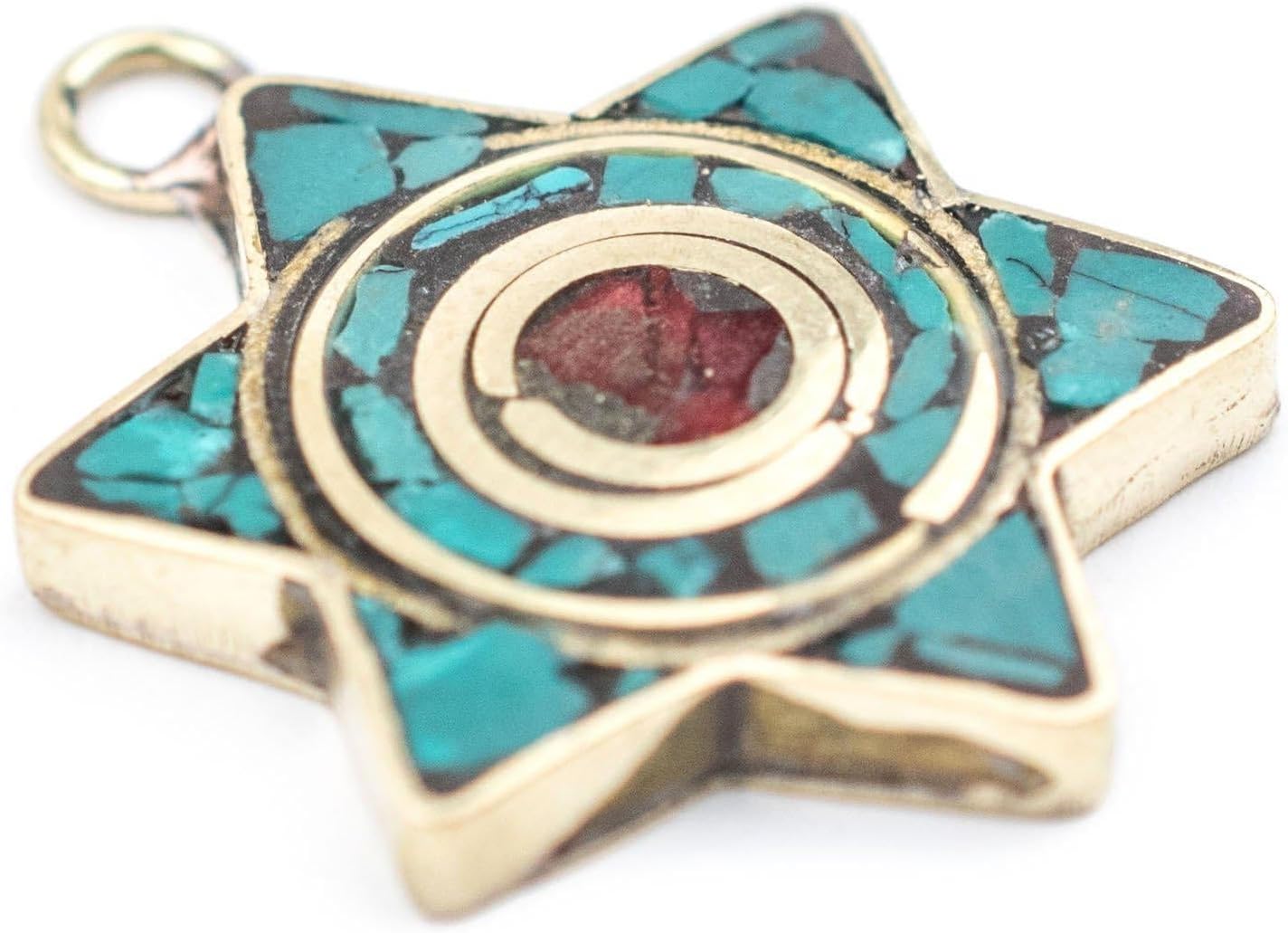 The Bead Chest Nepali Star of David Pendant: Authentic Ethnic Judaica Brass Charm Inlaid with Stone for DIY Necklace and Jewelry (Turquoise & Coral)