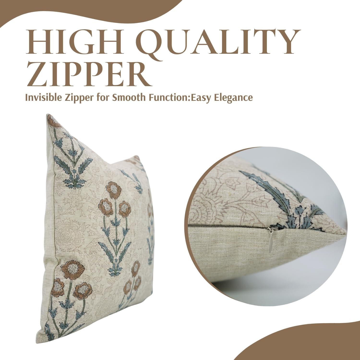 Linen Blend Fabric Handmade Block Floral Print 26x26 Inch Elegant Throw Pillowcase Cushion Cover for Home Décor, Sofa, Couch, Living Room, Farmhouse (Amitabh-Brown)