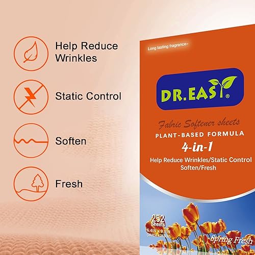 Miniatura 35 de DR.EASY Hojas de secado de fórmula a base de plantas, hojas suavizantes de tela de 252 unidades para lavar ropa libre y transparente, perfumado, sin