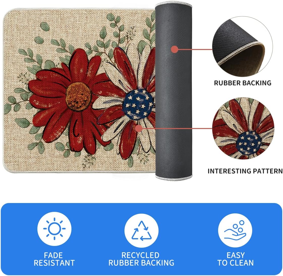 Artoid Mode Floral Eucalyptus Flowers 4TH of July Patriotic Kitchen Mats Set of 2, Memorial Day Home Decor Kitchen Rugs for Floor - 17x29 and 17x47 Inch