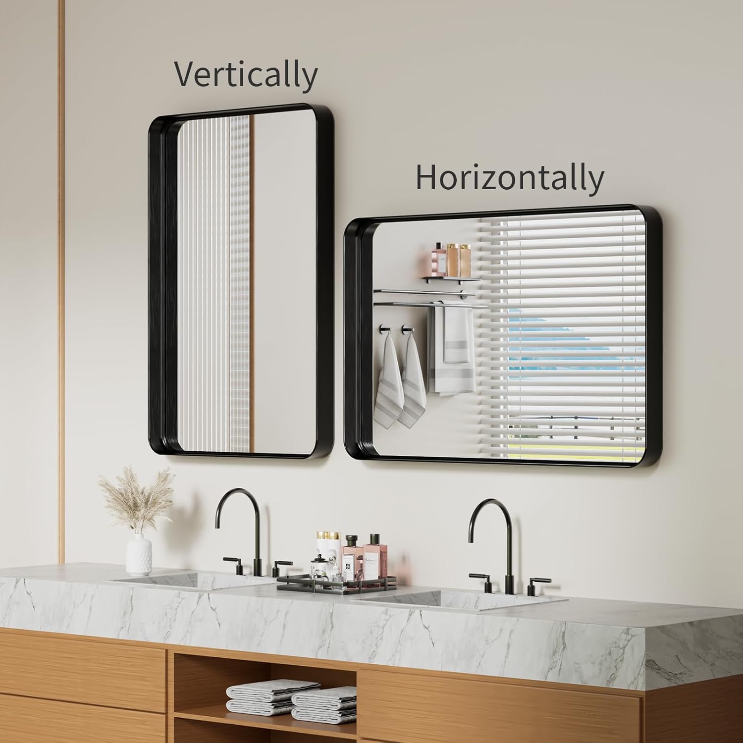 Koonmi Black Wall Mirror for Bathroom, 24x36 Inch Matte Deep Framed Rounded Rectangle Vanity Mirror for Farmhouse Living Room, Tempered Glass, Anti-Rust, Vertically or Horizontally - Image 6