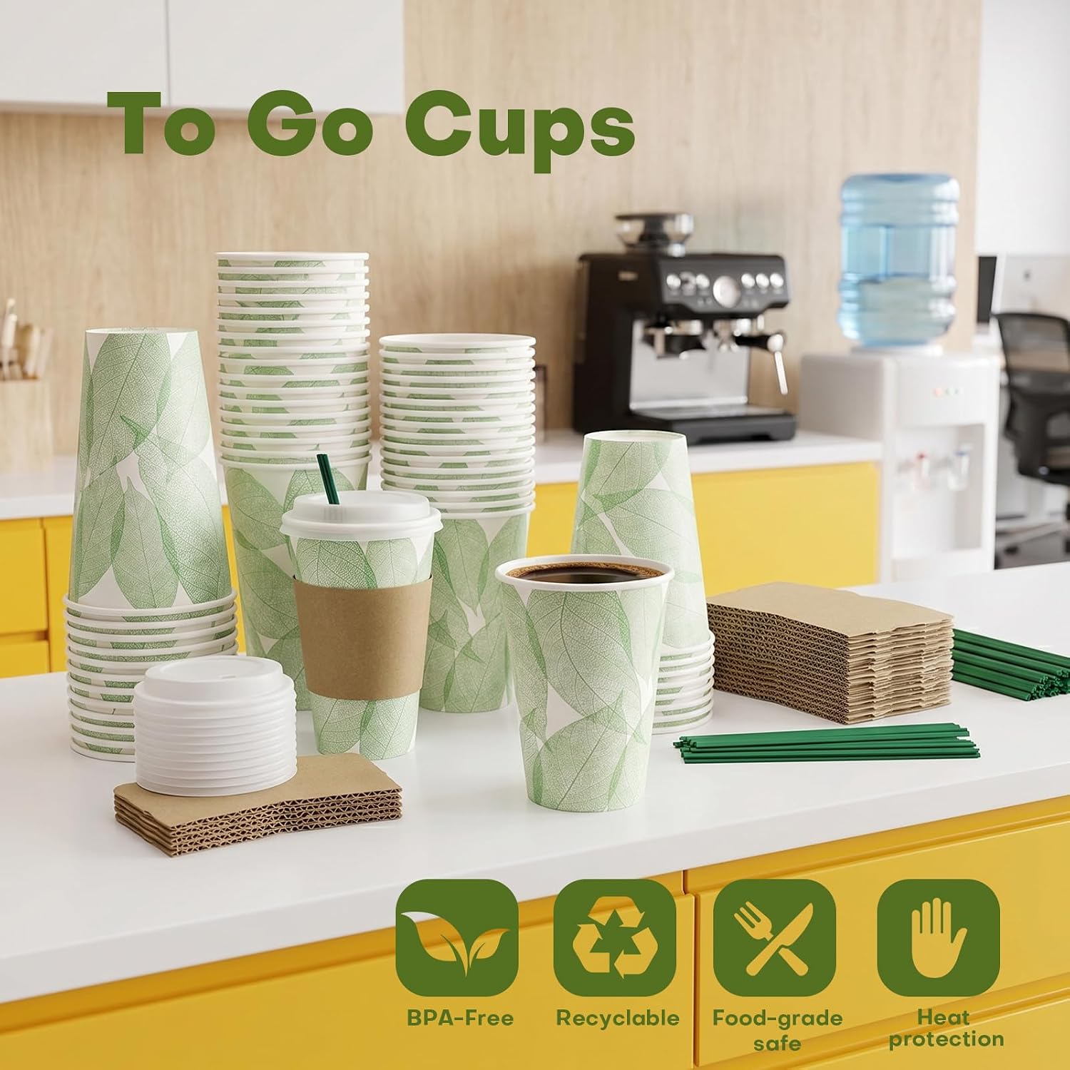 Plant-Based PLA Lined Disposable Coffee Cups with Lids, Straws & Sleeves, Compostable Cups Set, Eco-Friendly for Hot/Cold Drinks, Party, Travel, Office (12 oz 100 Count) image 5