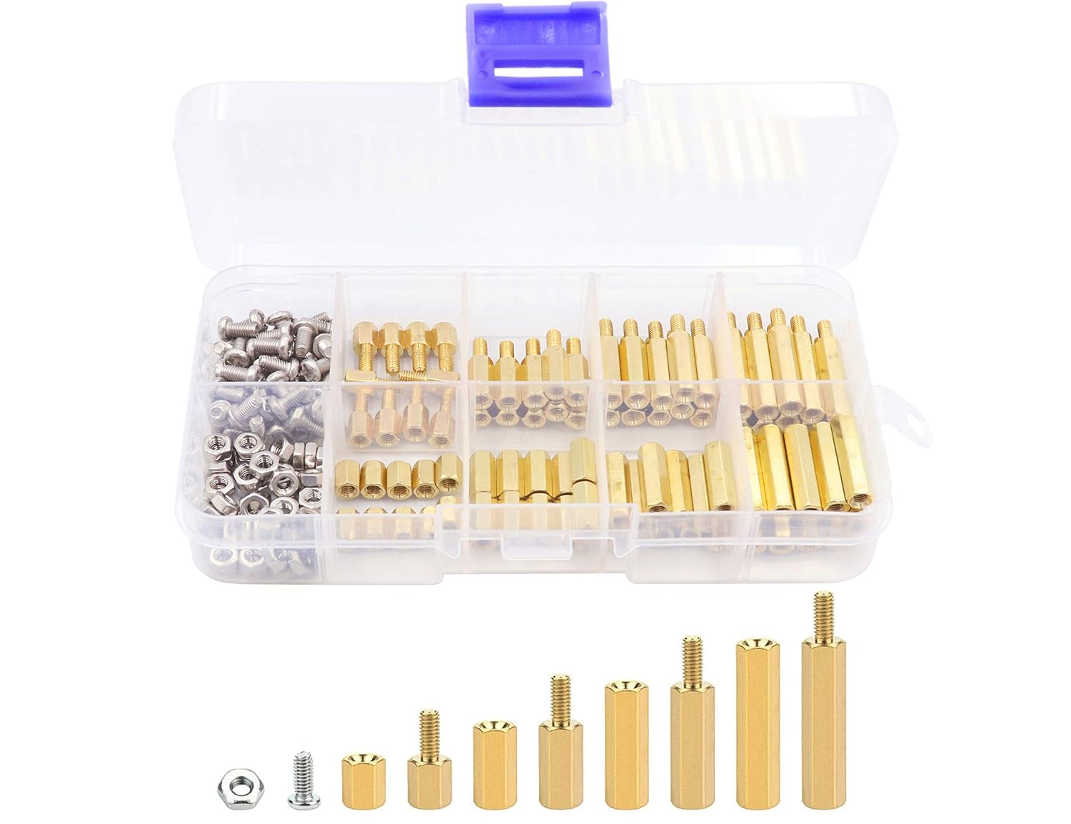 LBY 180pcs Male Female Hex Brass Spacer Standoff Screw Nut Assortment Kit, M3 Motherboard Standoffs, 8 Sizes (with Screws & Nuts), Copper (Yellow)