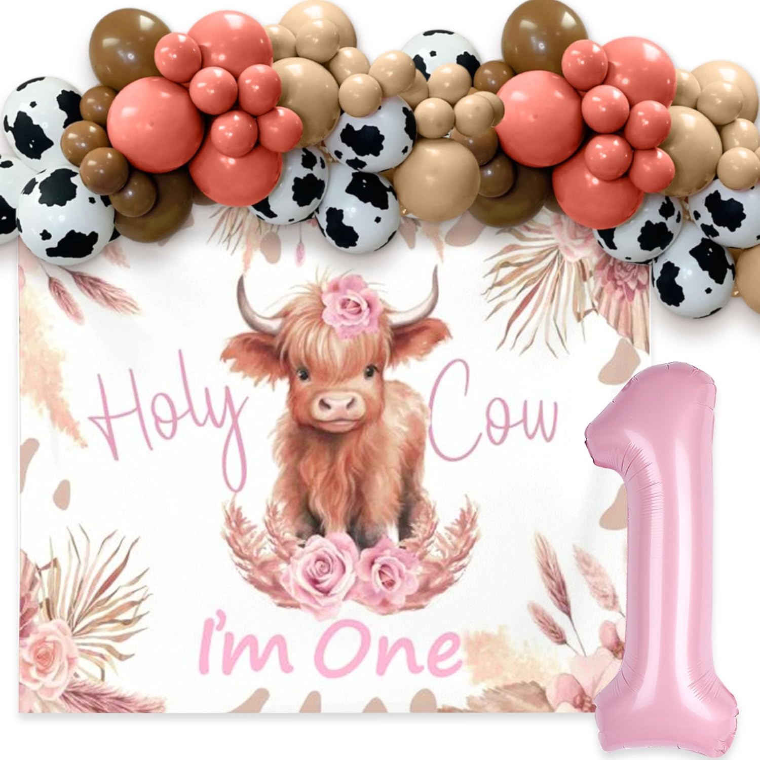 Pink Highland Cow 1st Birthday Party Decorations Holy Cow Im One Backdrop Balloons Cowgirl Western First Birthday Decorations Girl First Rodeo Party Supplies - Image 7