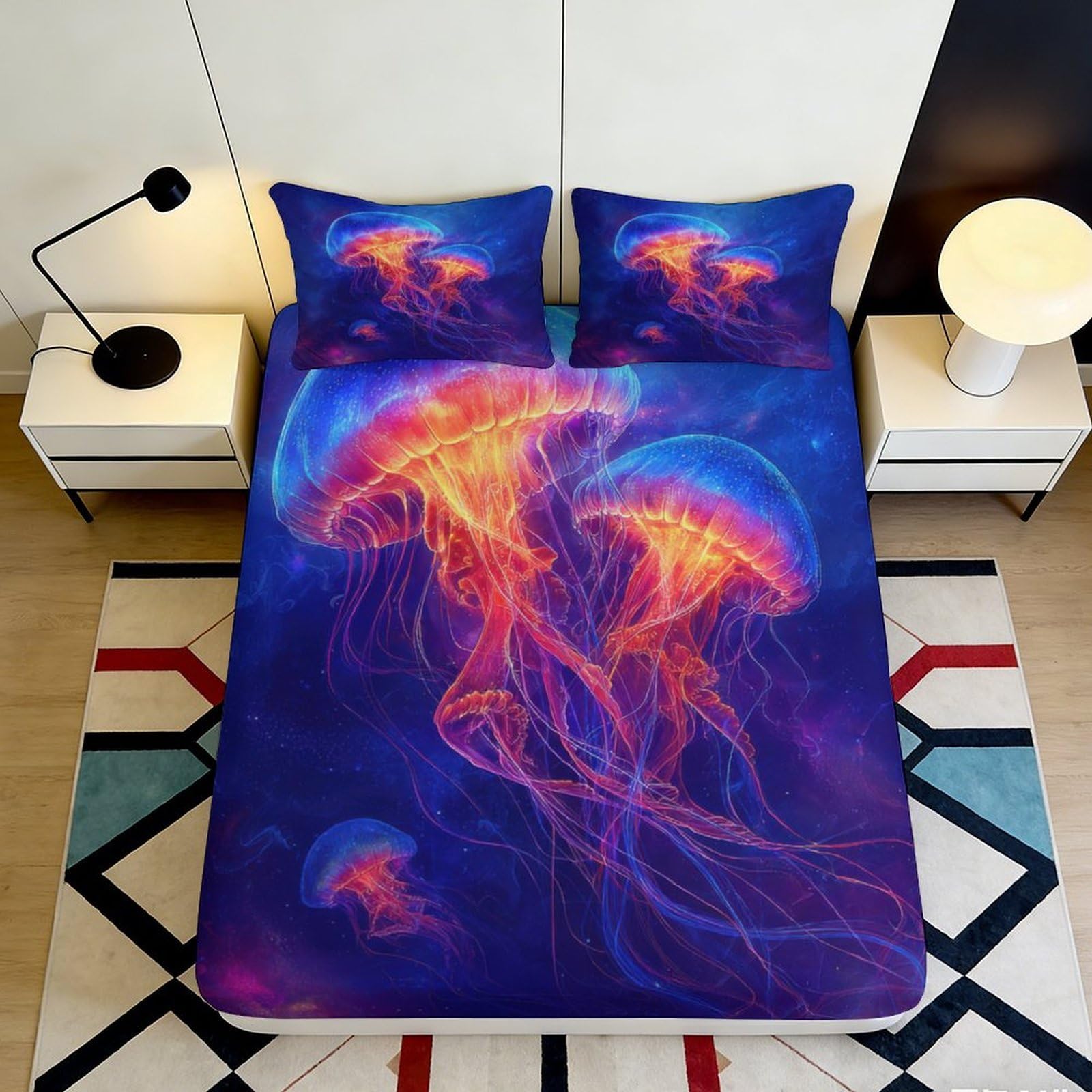 3D Printed Neon Jellyfish Fitted Sheet Microfiber Soft Breathable Ocean Glow Mattress Cover for Bedroom Dorm Mattress Protection Decor 180x200x25cm