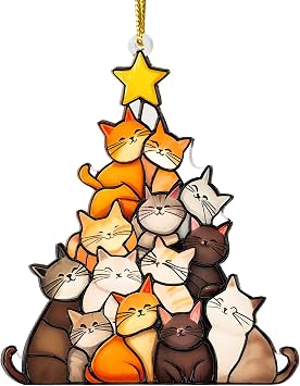 Cat Christmas Ornament 2025, Acrylic Cute Cat Ornaments for Christmas Tree, Cats Suncatcher, Cats Lovers Gifts for Women, Unique Ornaments for Pet Lovers, Funny Holiday Decor Orange Kitty