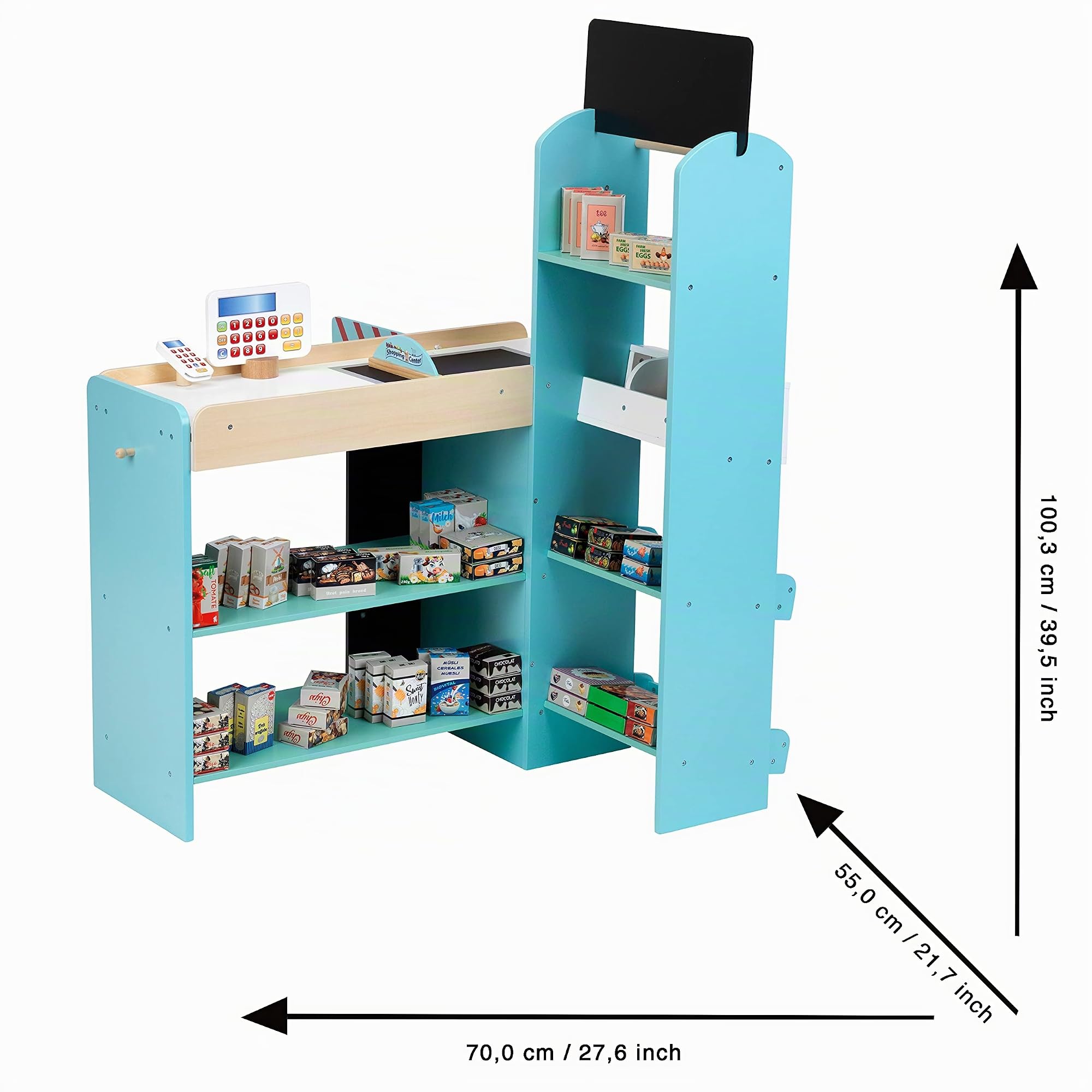 Theo Klein 9391 Supermarket , Wood (MDF) I Modern Store incl Cash Register, Barrier, Chalkboard and Accessories I Toys for Children Aged 3 and over