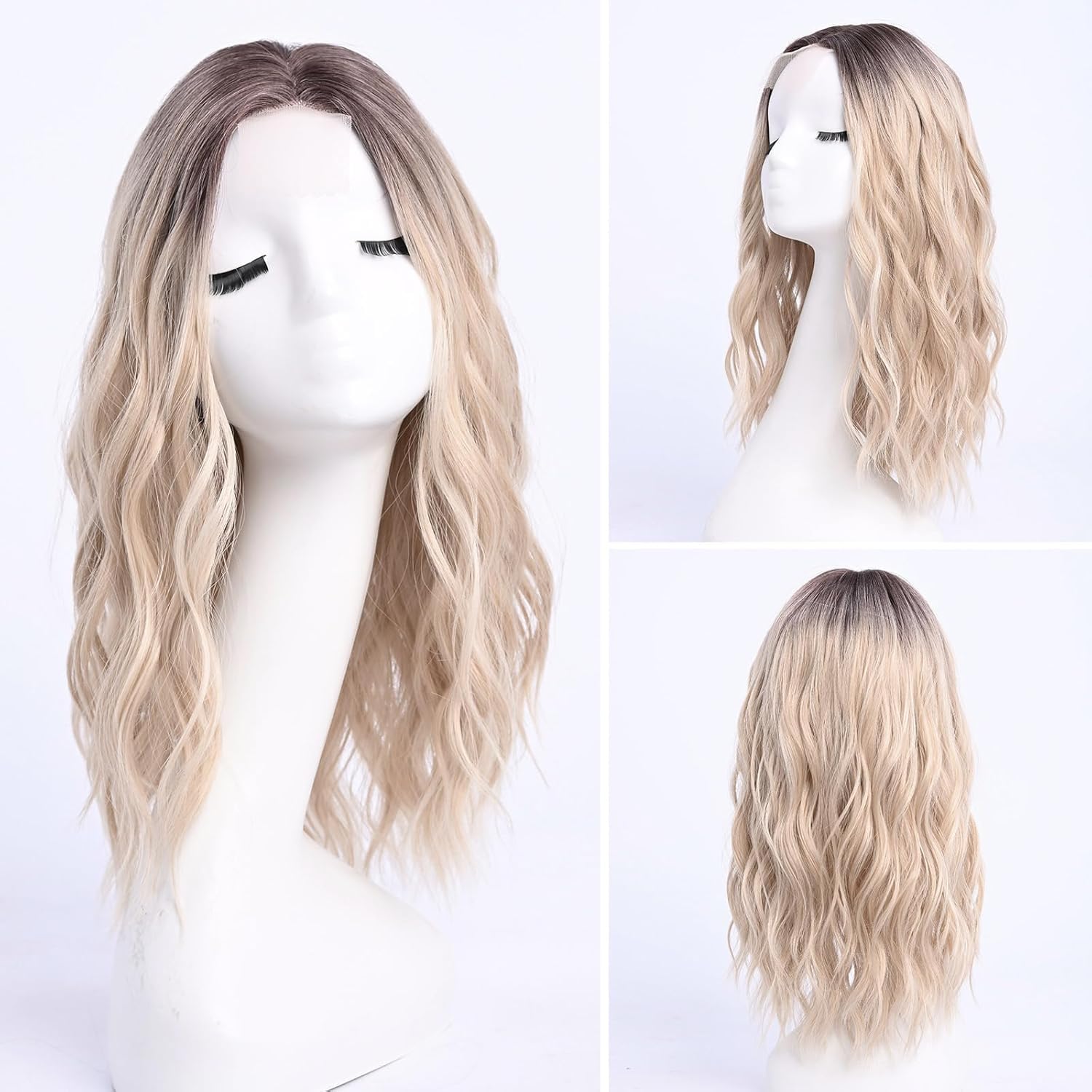 YaissmyLu Middle Length Ombre Blonde Wavy Wigs for Women 18 Inch Middle Part Blond Wavy Wig Medium Natural Looking Synthetic Heat Resistant Fiber Wig for Daily Party Use (18 inch) - Image 2