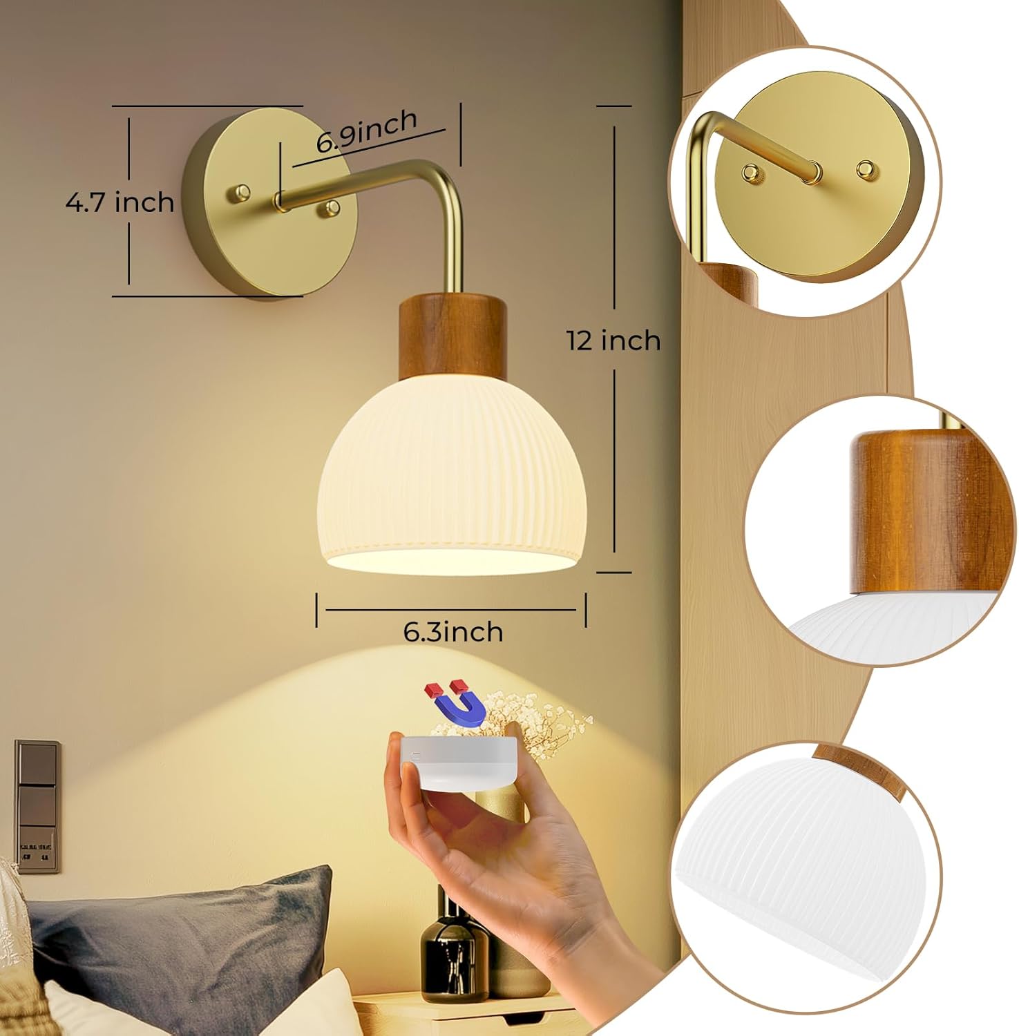 Glass Battery Operated Wall Sconces Set of 2, Rechargeable Wall Lamp with Remote, 12 Colors Dimmable Wireless Sconces Wall Decor Set of 2 with Timer for Bedroom Living Room (Gold, 2 Pack)