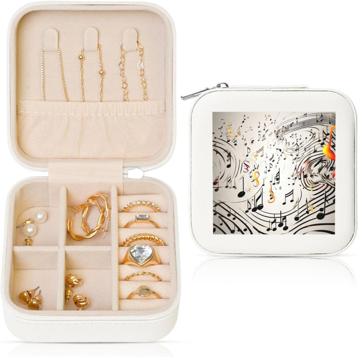 Jewelry Box for Women Leather Travel Jewelry Case Music Notes Print Portable Jewelry Organizer Box Mini Jewelry Travel Case with Zipper for Earrings Bracelets Rings Necklace