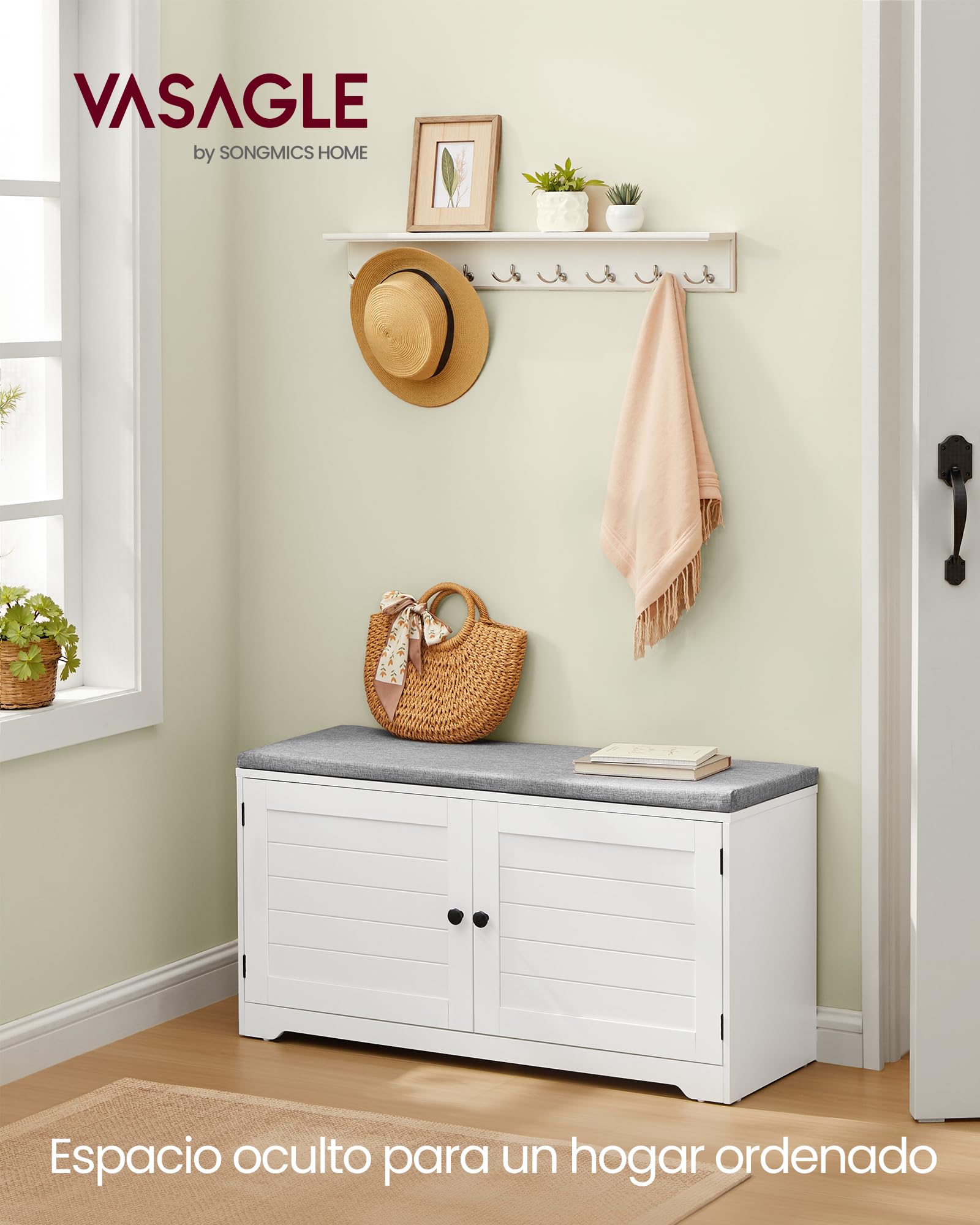 VASAGLE Banco Zapatero de 3 Niveles, con Puertas y Cojín, Estantes Ajustables, 35,5 x 101 x 52,5 cm, para Entrada, Dormitorio, Blanco Nube y Gris Paloma LSB044W01