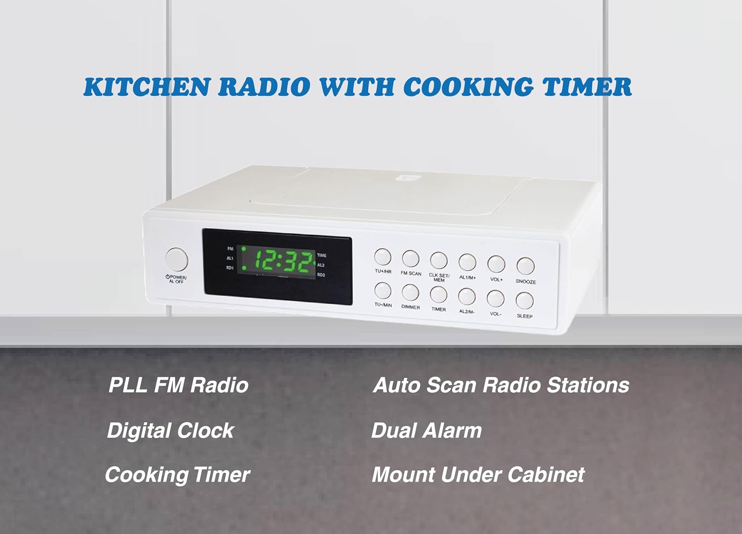 HANNLOMAX HX-155CR Kitchen Clock Radio with Cooking Timer – Green LED | FM Radio, Digital Clock, Dual Alarm, Green LED Display, Wall Mount or Stand Alone