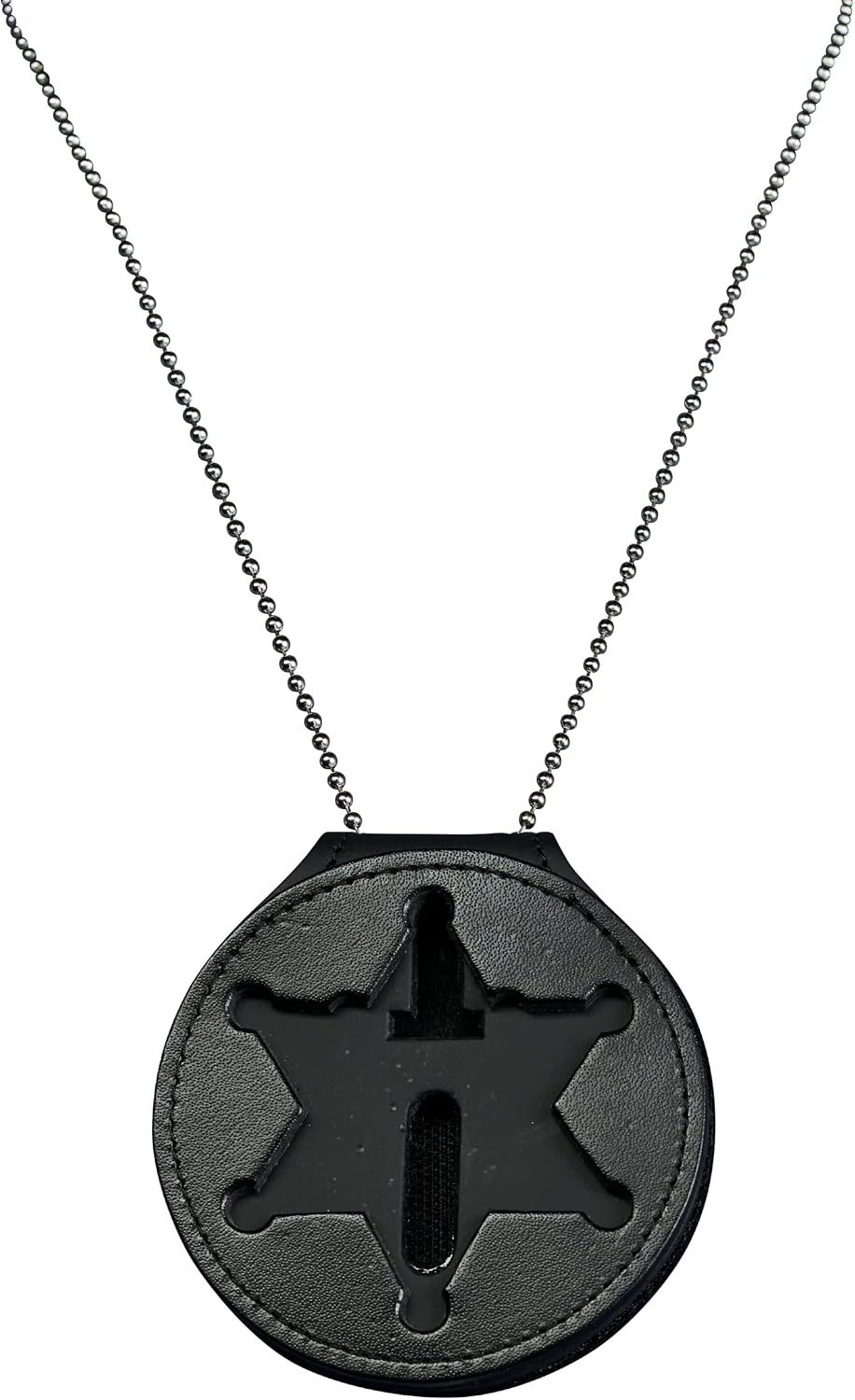 Perfect Fit 6 Point Star Badge Holder Illinois Sheriff Belt Clip Neck Chain Police Law Enforcement Black Leather (Cutout 229)
