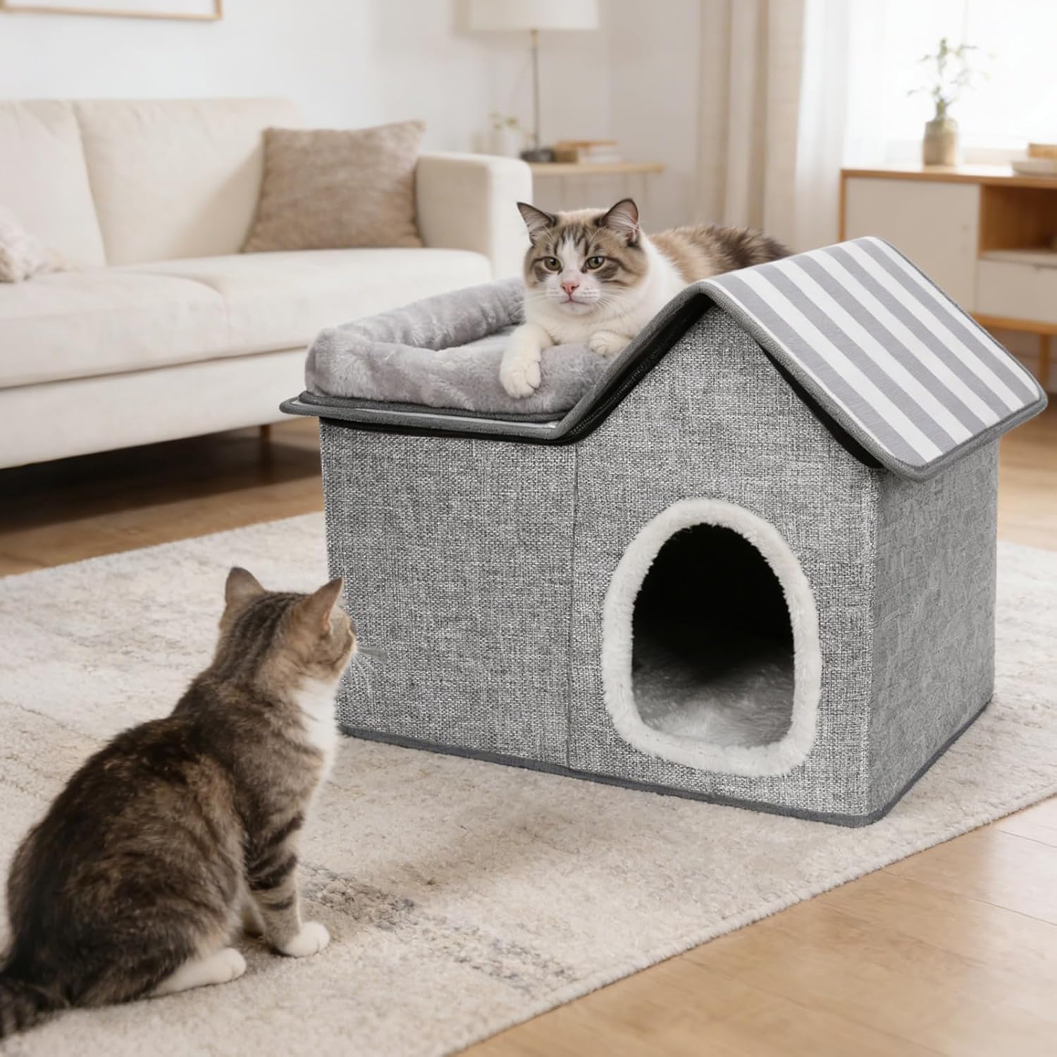 Masthome Niche pour Chat Intérieur Semi-Ouverte, Maison pour Chat 2 Étages sans Assemblage, Lit Pliable avec Coussin Amovible en Lin Respirant, Confortable pour Chatons et Petits Chiens Gris