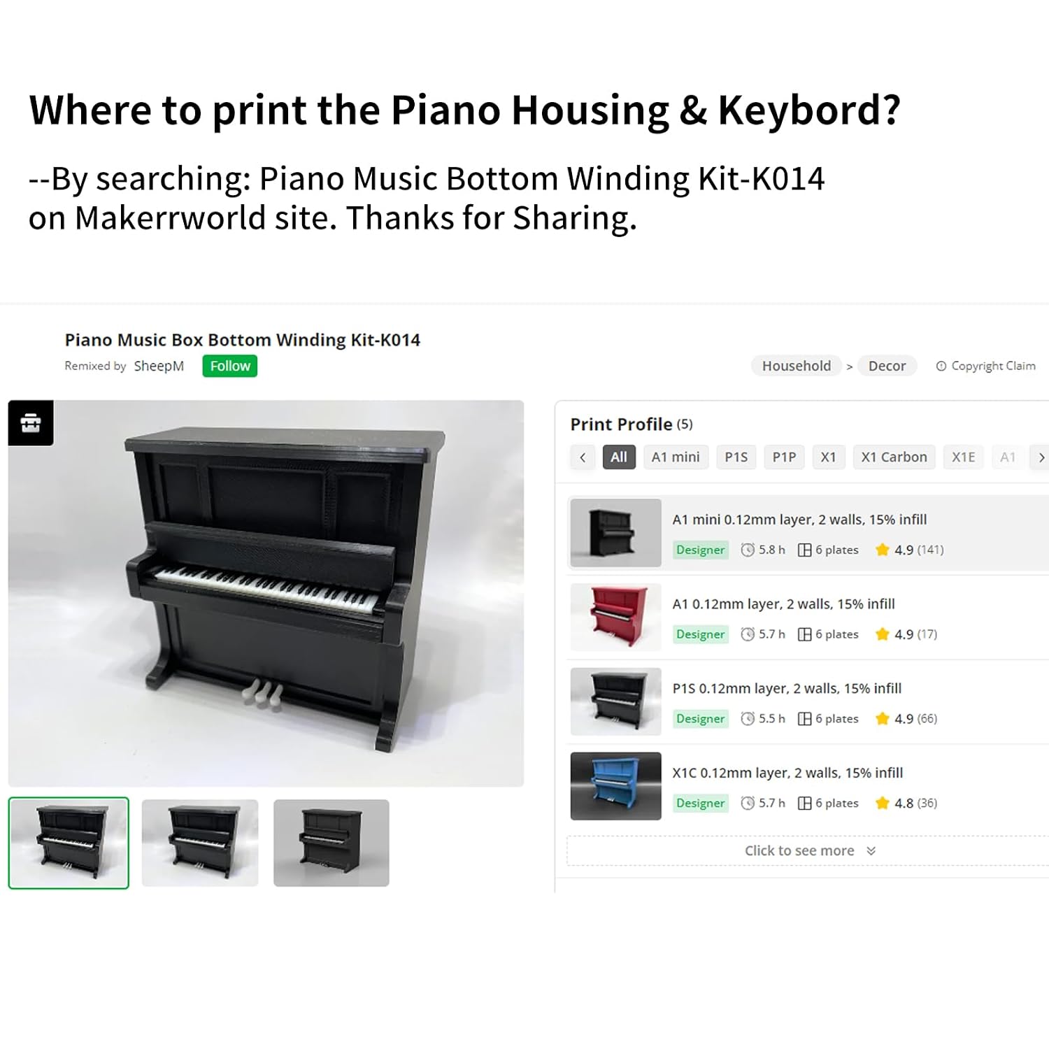 Clockwork Piano Music Box - 3D Printer DIY Craetive Model Components: FYSETC Unique Piano Hardware Kit Mechanism Standard Parts Bottom Winding Kit 3D Printing Accessories for P1 X1 A1 MINI image 4