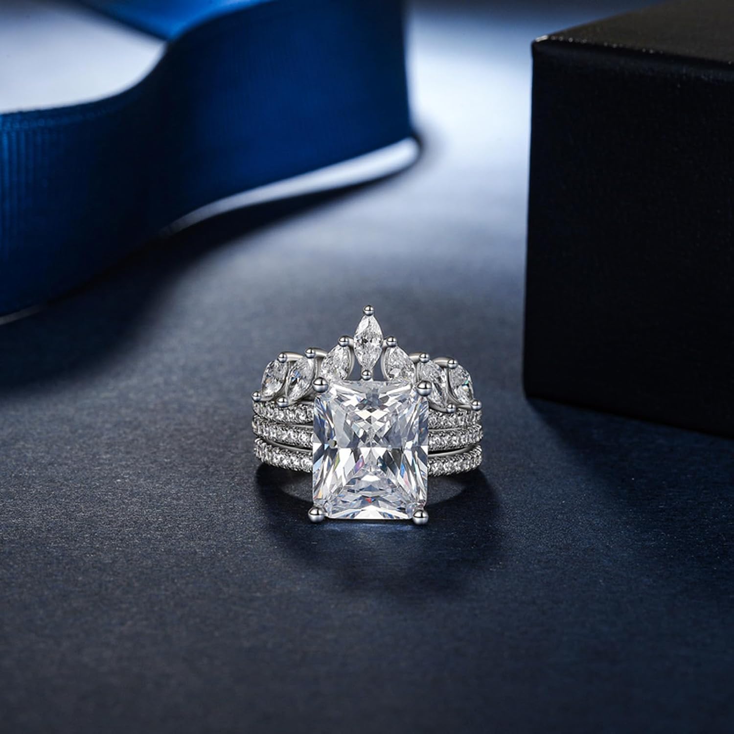 Jeulia 3PCS Radiant Cut Wedding Ring Sets for Women, Gorgeous S925 Silver 9.3ct Diamond Engagement Bridal Set Romantic Anniversary Promise Gift with Jewelry Box