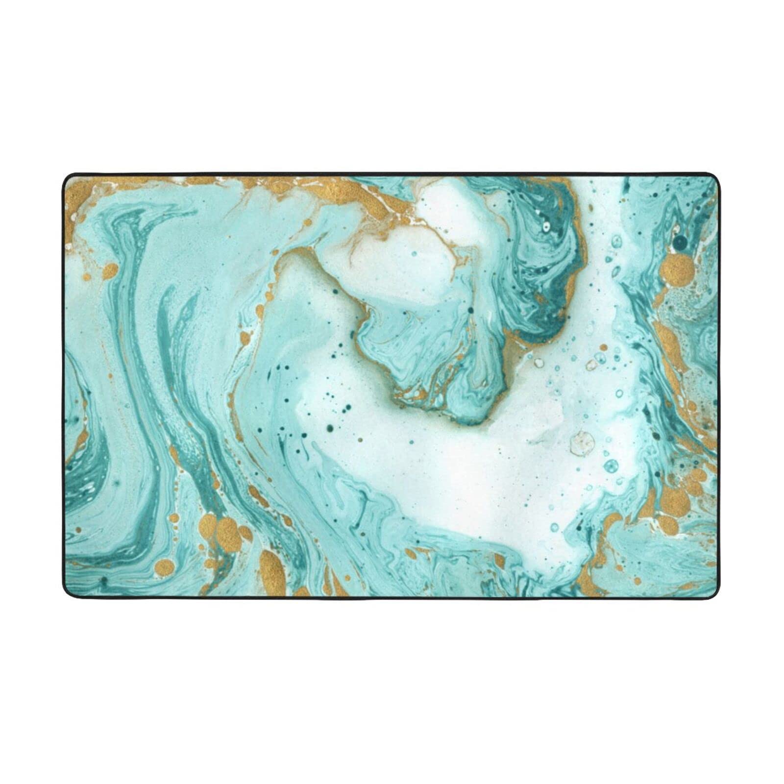 Grand tapis de salon moderne bleu sarcelle et or 150x100 cm pour chambre et cuisine