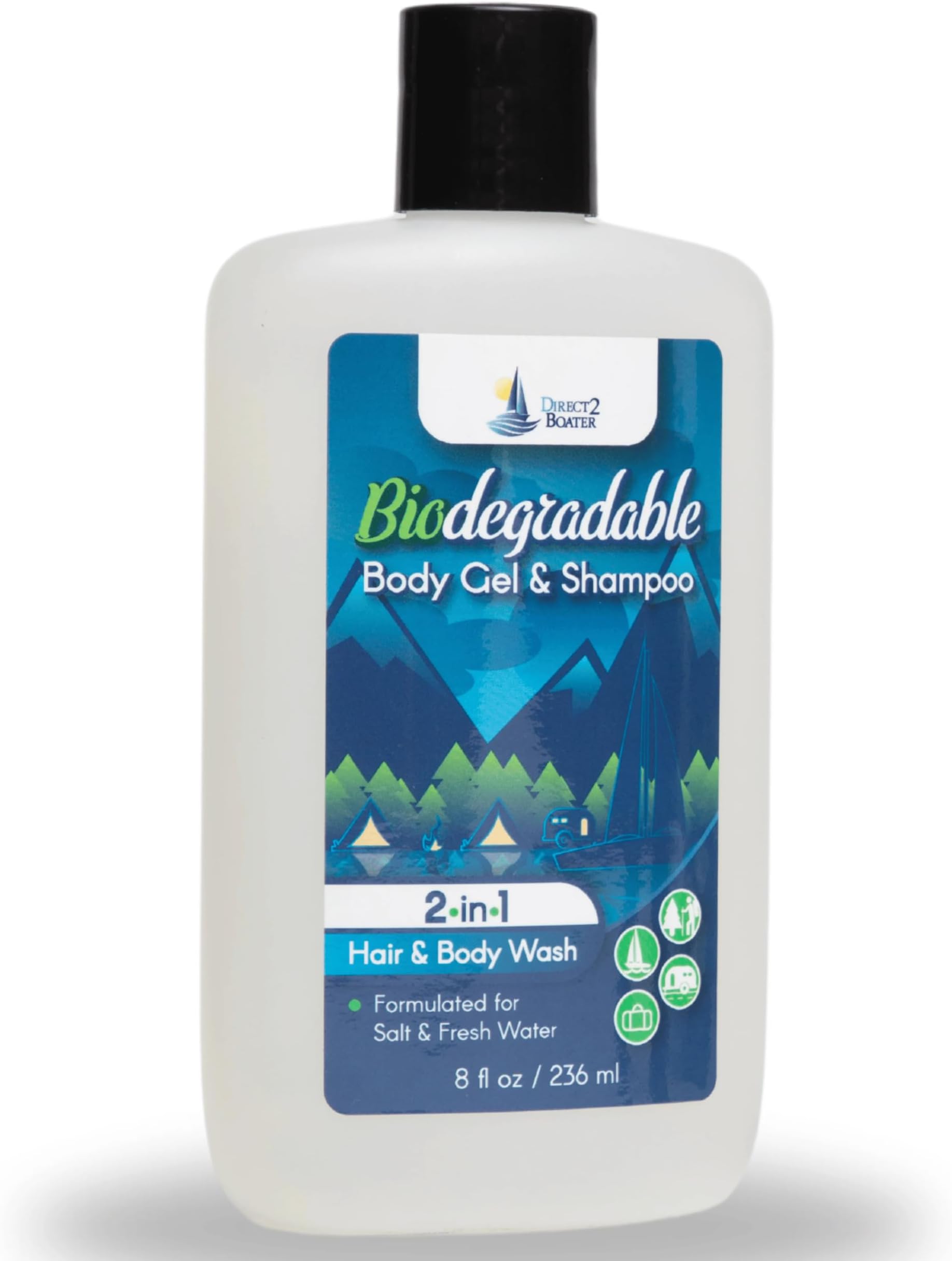 Direct 2 Boater Biodegradable Shampoo & Body Wash 8 oz - 2-in-1 Hair & Body Wash, For Fresh & Salt Water, No Dies or Fragrances