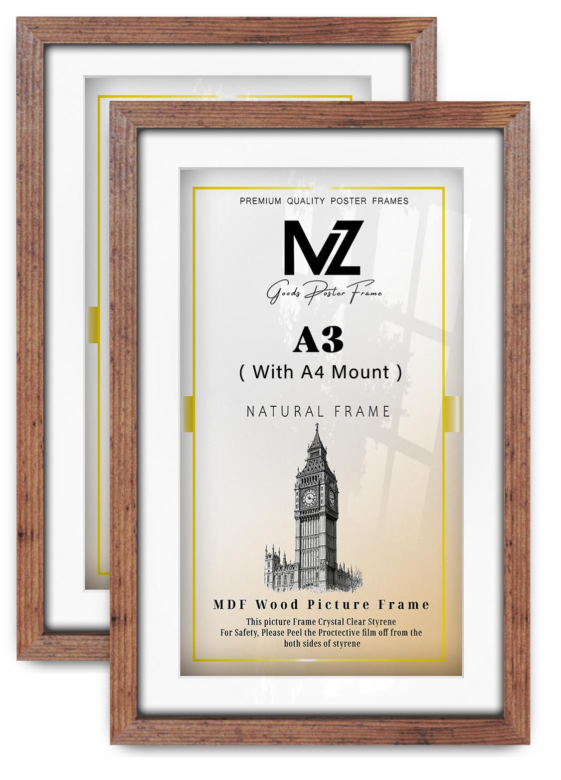 MZ GOODS pack of 2 MDF Elegant Wall Picture Frame A3 (29.70 x 41.90 cm) With A4 (297 x 210 mm) White Mount Hanging Display | 11 x 16 Inch Poster, Award, Painting, Modern Décor Frame [ Rustic ]
