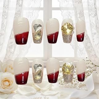 Red French Tip Press On Nails Short Coffin - Nude Base Gold Glitter with 3D Rhinestone Decor Handmade Nails for Wedding Party New Year Christmas (Wine Red Romance,M)