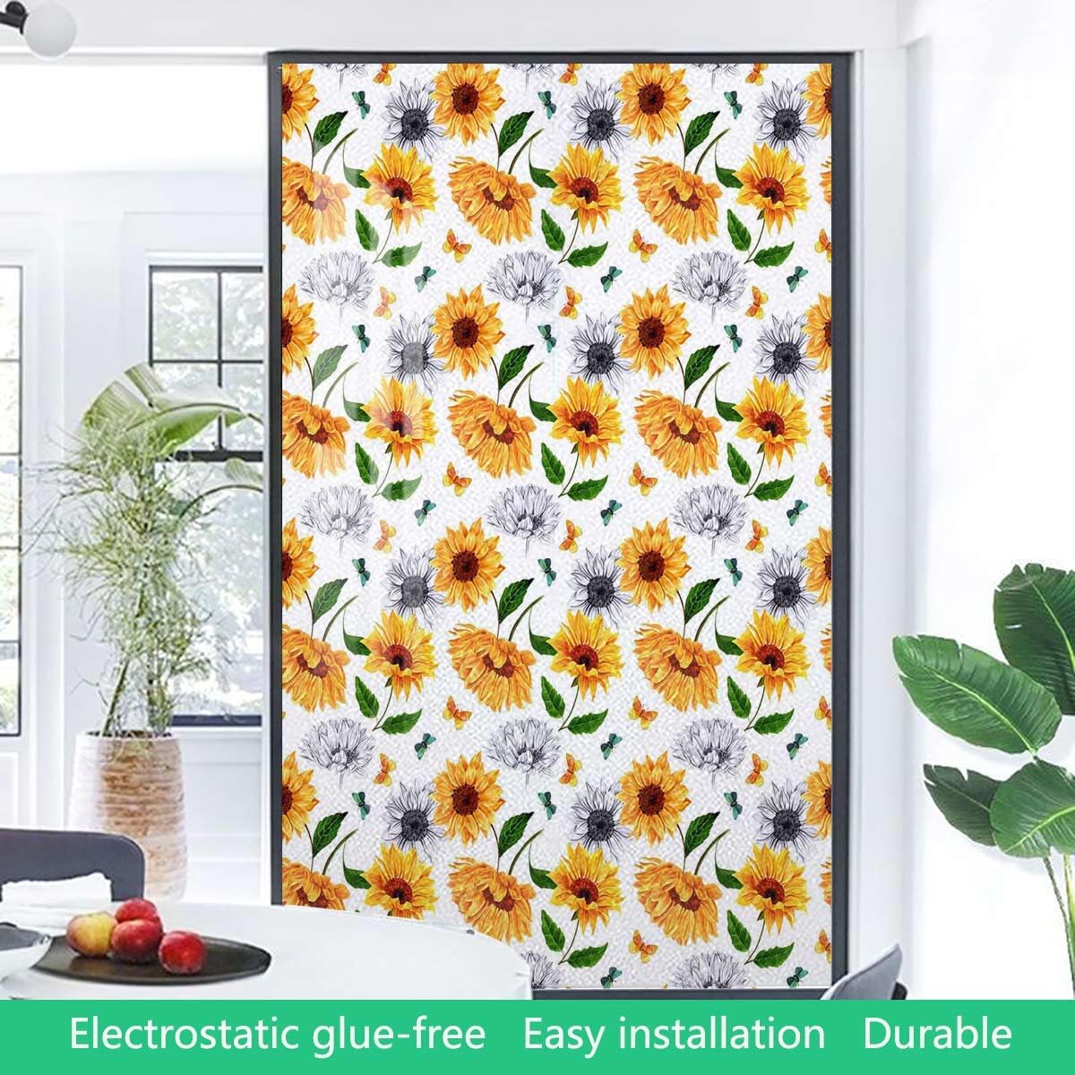 Yellow Green Window Sticker Non-Adhesive Glass Film Fashionable Plant Patterns Window Film Non-Adhesive Frosting Privacy Film Watercolor 31.5Wx62.9L-inch