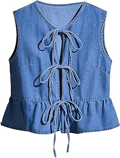 Women's Y2k Tie Front Denim Vest V Neck Ruffle Hem Sleeveless Peplum Jean Top Shirt