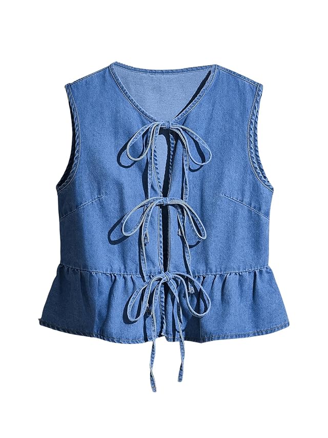 SHENHE Womens Y2k Tie Front Denim Vest V Neck Ruffle Hem Sleeveless Peplum Jean Top Shirt