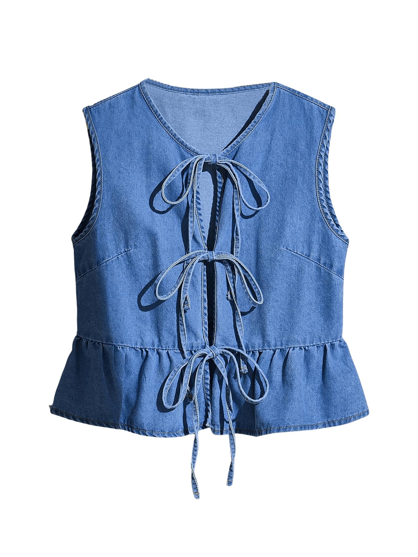 SHENHE Womens Y2k Tie Front Denim Vest V Neck Ruffle Hem Sleeveless Peplum Jean Top Shirt