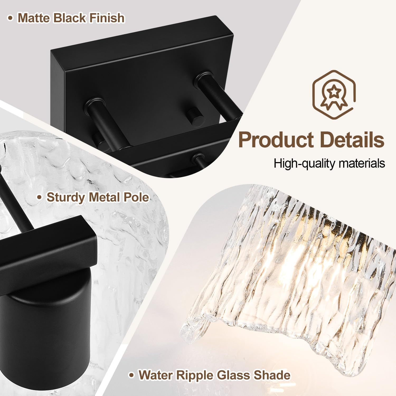 Modern Bathroom Light Fixtures, 3-Light Vanity Lights with Water Ripple Glass Shade, Black Bathroom Lights Wall Lamp for Mirror Living Room Cabinet Bedroom (19.5in)