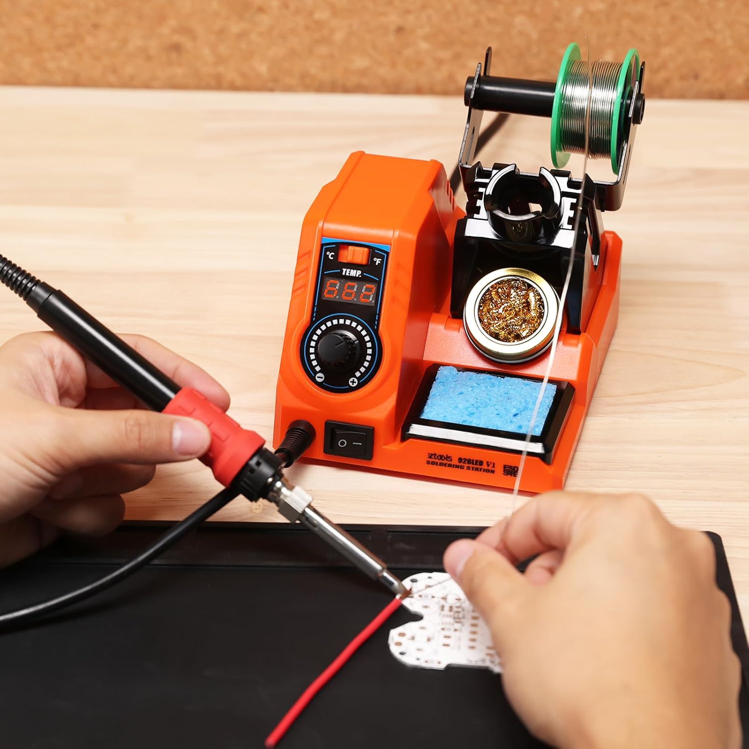 926LED V1 110W High-Power Soldering Station Iron Kit in Orange with Temperature Control includes Lead-Free Solder, 6 Soldering Tips, ESD-Safe Tweezers, Solder Wire Dispenser, Tip Cleaner