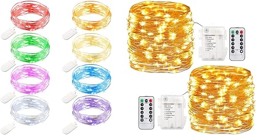 Paquete de 8 guirnaldas de 20 luces LED de 7.2 pies, funciona con pilas, 8 colores mezclados y 2 paquetes de 60 luces LED de 20 pies, funciona con