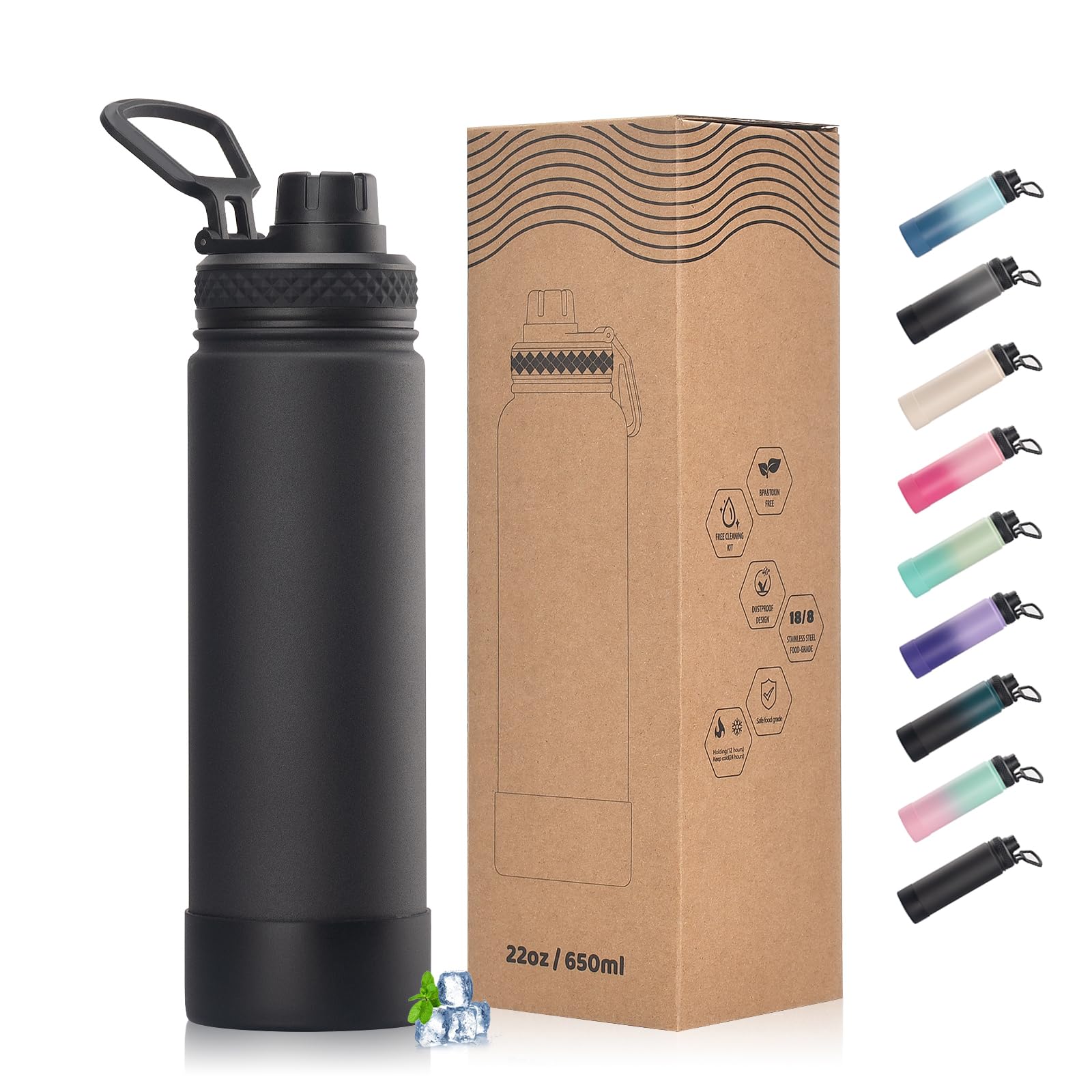 WATERSY Stainless Steel Vacuum Insulated Water Bottle 22oz, Drink Flask Metal Water Bottles 650ml Leakproof with Spout Lid Keep 48 Hours Cold Drinks for Sport, Work, Travel