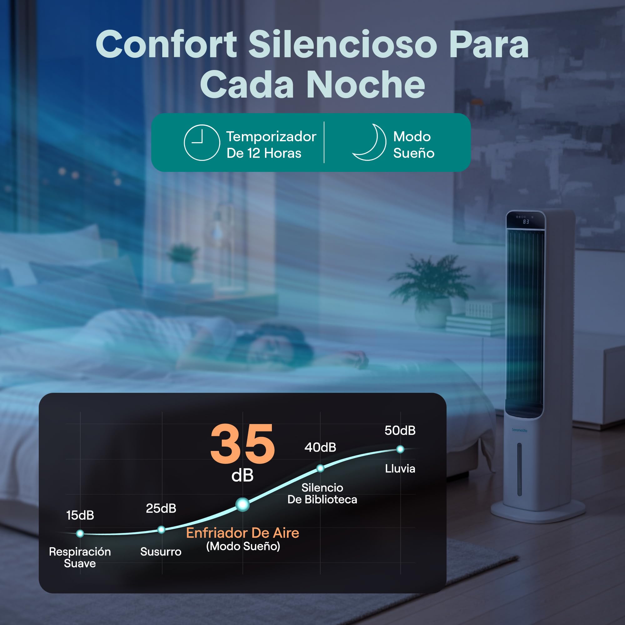 SereneLife Enfriador de Aire Evaporativo, de Torre con Mando a Distancia, Tanque de 5L, 4 Cajas de Hielo, 3 Velocidades, Enfriador de Pie Silencioso con Oscilacion, Portatil, Eficiente en Energia